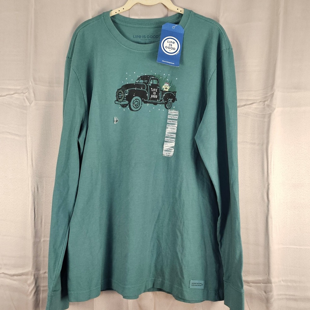 NWT Life Is Good Green Long Sleeve Holiday Christmas Truck Crewneck Tshirt Large